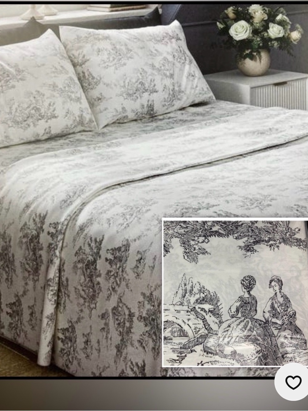 Cabbages & Roses London King Sheets Charcoal Grey Country Toile Cottagecore